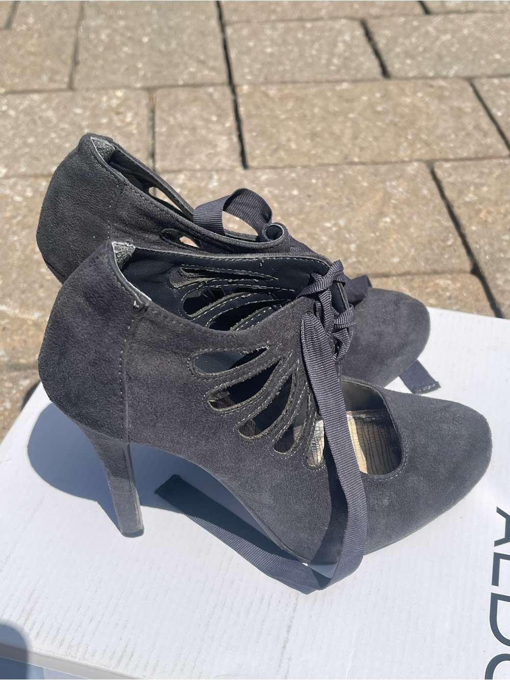 Women's Suede Lace-Up High Heel Booties in Charcoal Gray